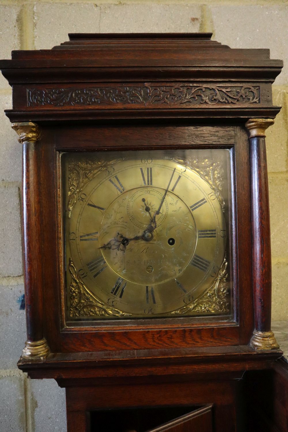 A George III oak eight day longcase clock, the square brass dial marked Brice of Sandwich, height 210cm